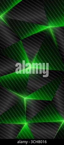 Carbon fiber low poly smartphone wallpaper. Abstract geometric background. Shining lines, triangle. Green energy. Gray green triangles background Stock Vector