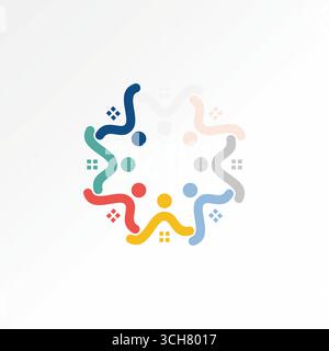 Logo design graphic concept creative premium vector stock image top sell 8 line roof house rotating window and people holding hands investment budget Stock Vector