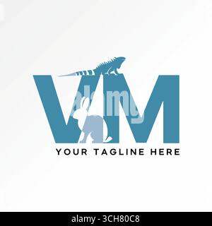 Logo design graphic concept creative premium vector stock image top sell letter VM font with rabbits and iguanas lizard side negative space typography Stock Vector