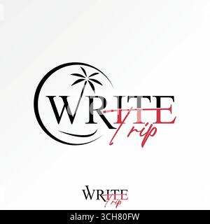 Logo design graphic concept creative premium vector stock image top sell text word Write Trip font with palm beach waves island travel panorama resort Stock Vector