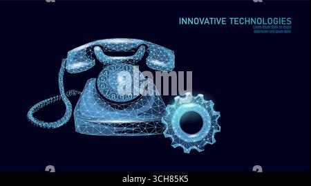 Retro telephone and gear illustration. Vintage phone communication mechanical cog low poly style. Business solutions technology connection networking. Stock Vector