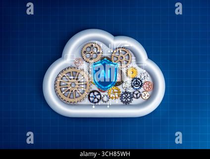 AI shield icon on cloud with gears on digital network blue background symbolizes AI cloud computing, data protection, cybersecurity, machine learning, Stock Photo