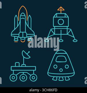Thin glowing drawings depict a launch shuttle a lunar lander a six wheel rover and a bell shaped reentry capsule. Stock Vector