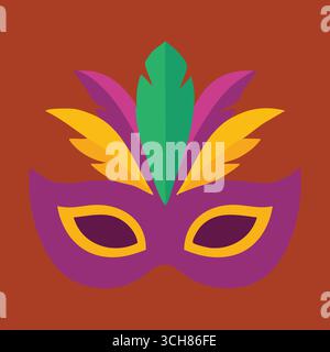 A purple eye mask topped with layered green and yellow feathers suggesting a lively festival mood. Stock Vector