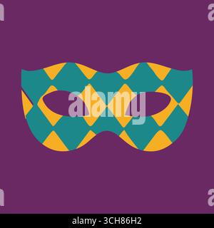 A colorful masquerade eye mask with alternating diamond pattern and cutout eyes set against a rich purple square. Stock Vector