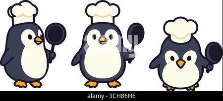 A trio of chubby penguins stand with tiny feet and tall chef hats ready for kitchen fun. Stock Vector