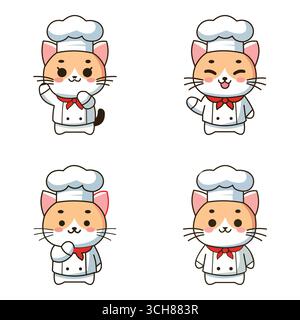 4 Cute Chef Cat Cartoon Vector Set in red, white, orange, grey and black on white background Stock Vector
