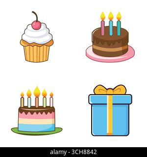4 Vector Illustrations for Birthday Themes in color full on white background Stock Vector