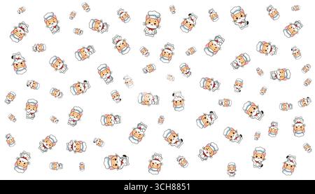 4 Cute Chef Cat Cartoon Pattern Vectors Set in orange, red, black, white and grey on white background Stock Vector