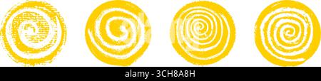 Set of yellow circles with spiral. Sun icons collection. Kid-style wax squiggle swirls show liquid splash motion, curvy spin movement, like on a Stock Vector