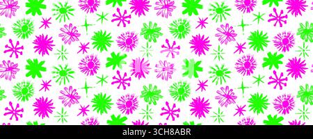 Seamless vector graffiti flower and asterisk pattern in acid colors. Handdrawn crayon, wax, chalk, and charcoal squiggle texture. Stylish grunge Stock Vector