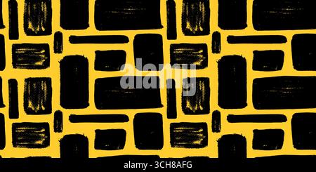 Seamless pattern with handdrawn black irregular rectangle shapes on yellow background. Text box frames with doodle squiggle texture. Wax crayon or Stock Vector