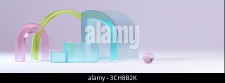 3d glass podium display with colorful translucent arches - geometric shapes, frosted cylinders and sphere on pastel background. Modern abstract stage for product showcase and minimalist exhibitions. Stock Vector