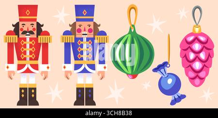 Nutcracker holiday collection. Toy soldier figures in red and blue uniform with decorative Christmas tree bauble ornaments. Festive characters for seasonal celebrations. Cute xmas decoration Stock Vector