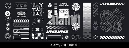 Cyberpunk hud interface elements - futuristic interface kit, white wireframe graphics with geometric shapes, digital patterns and tech symbols, globe icon for sci fi game ui or digital display design. Stock Vector