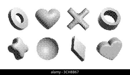 Y2k brutalism pixel art collection with geometric shapes and halftone gradients for retro design. Modern abstract elements with dotted texture and monochrome style. Digital vintage aesthetic set. Stock Vector