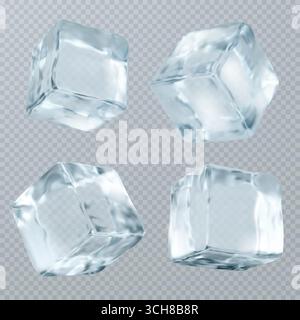 Transparent ice cubes with crystal clear surfaces and realistic frozen texture for beverage industry presentations. Melting blocks in different angles and shapes. Professional cold drink assets. Stock Vector