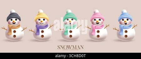 Christmas Snowman characters clipart set. Cute Snow man character clip art collection wearing colorful pastel hat and scarf costume with happy, funny Stock Vector