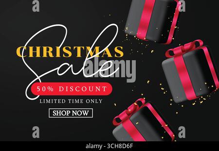 Christmas Sale black background clipart. Christmas Sale limited time offer clip art with gift boxes elements for holiday season poster card template Stock Vector