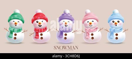 Christmas Snowman characters clipart set. Snow man cute character clip art collection with happy, funny, friendly and jolly faces wearing printed Stock Vector