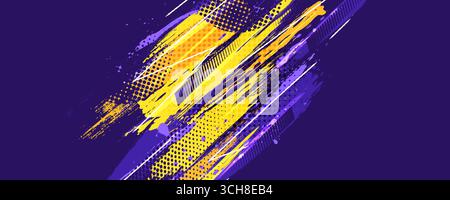 Grunge Sport Background with Yellow and Purple Brush Strokes in Halftone Style. Design for Cover, Flyers, Brochures, Banners and Poster Template Stock Vector