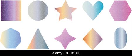 Gradient noise geometric shapes set. Text boxes multi colors grainy effect. Square and triangle textured frames pack. Star, hexagon, heart and circle. Stock Vector