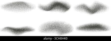 Charcoal noise gradient wave splashes. Abstract black dotwork grain textured elements. Stipple sand effect dynamic lines set. Fluid grain dots from is Stock Vector