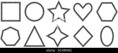 Noise geometric shapes frames set. Grainy textured black y2k frame callouts elements. Heart, rectangle, star and circle dotwork text boxes. Vector gri Stock Vector