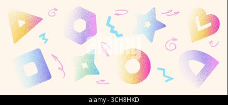 Soft pastel grunge geometric shapes set. Grainy y2k textured elements with cutout hole. Star, rhombus, blinks and circle forms . Kids vector gritty ba Stock Vector