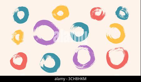 Circles brush set. Polka dots multi colors elements. Spray paint hand drawn round forms isolated on beige background. Grunge brush textured circular s Stock Vector