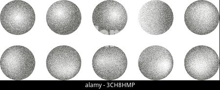 Noise round element set. Grunge dotwork gradient circles. Black shapes of dots texture. Planet sand diffuse effect callouts. Vector ink paint spray or Stock Vector