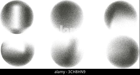 Dot sand circles set. Grainy diffuse spheres collection. Glitter texture brush balls isolated on transparent background. Vector gradient noise rounded Stock Vector