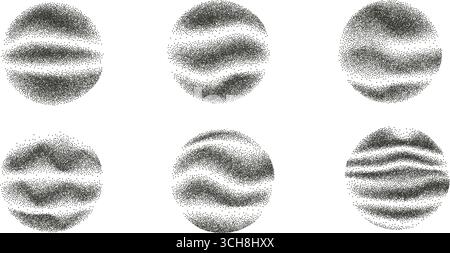 Organic noise gradient round element set. Speckle dotwork gradient circles with wavy pattern collection. Vector black shapes of dots texture. Ink pain Stock Vector