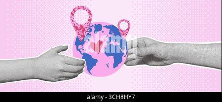Travel collage with two halftone hands holding planet Earth. Human arms holds together globe with map pins and heart. Vector tourism bitmap scrapbook Stock Vector