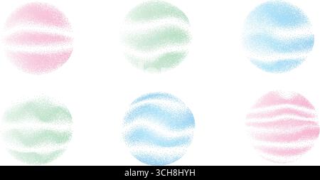 Mineral scrubs creative round swatches set. Dots noise dynamic circles forms. Grunge dotwork gradient spot with waves. Pastel green, pink, blue irregu Stock Vector