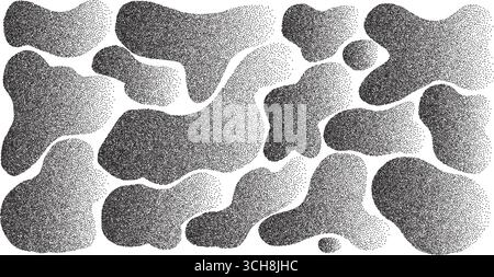 Organic doodle dotwork gradient shapes set. Irregular dynamic halftone figures. Random abstract fluid paint. Uneven shape splashes. Wavy blobs. Curvy Stock Vector