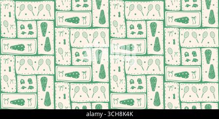 Tenniscore seamless pattern. Rackets, bags, balls and coquette bows endless background. Active sport equipment repeat ornament. Surface pattern design Stock Vector