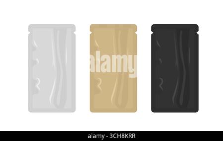 Silver, gold and black foil sachets isolated on white background are perfect for presenting packaging design for food, cosmetics, medicine, and variou Stock Vector