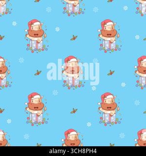 Seamless pattern Cute Christmas Cow in Santa hat in New Year Gift Box with Garland on Blue Background. Funny New Year Cartoon Little Animal. Vector il Stock Vector