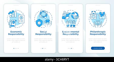 Types of corporate social responsibility blue onboarding mobile app screen Stock Vector
