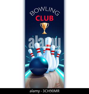 Bowling club poster with cup and pins. For advertising bowling tournament. Vector Stock Vector