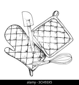 Vector pot holders, whisk, silicone kitchen spatula, glove potholder. Graphic ink Oven Mitt, kitchen tool illustration isolated on background. Hand Stock Vector