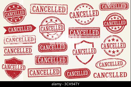 Cancelled Grunge Stamp Set. Collection Of 19 Distressed Red Cancelled Retro Rubber Stamps With A Vintage Grunge Texture. Perfect For Events, Meetings, Stock Vector