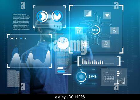 Virtual reality user interacts with data analytics and digital marketing graphics in futuristic setting Stock Photo