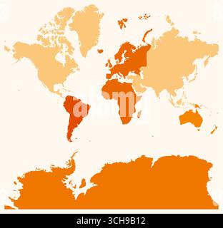 Map of World with continents. Just a simple border map with continent division. Orange color palette. Flat shape with administrative division. Stock Vector