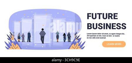 Future business innovation people entering digital doors modern technology abstract cityscape blue background website banner Stock Vector