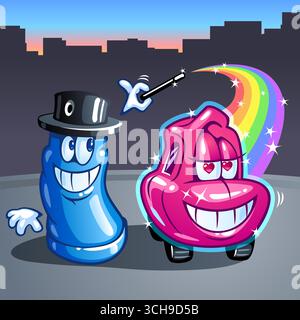 Blue spray-can car chemicals wizard, with magician's top hat and holding a magic wand, repairs a red car with rainbow effects in an auto-repair shop Stock Vector