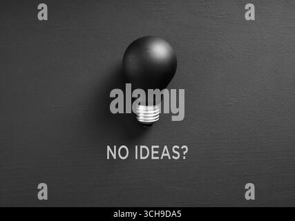 Black light bulb symbolizing lack of ideas, placed on a dark gray surface with the question no ideas? Written below Stock Photo