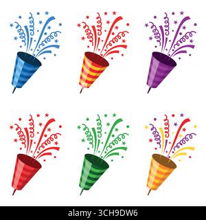 Set confetti party popper icon, fireworks logo, cap, flat design. Vector illustration isolated on white background Stock Vector