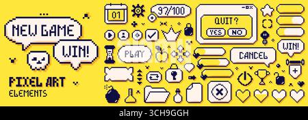 A set of pixel game art 8 bit icons drawn in a yellow and white color scheme. Speech bubbles, hearts, crown and many other elements. Stock Vector